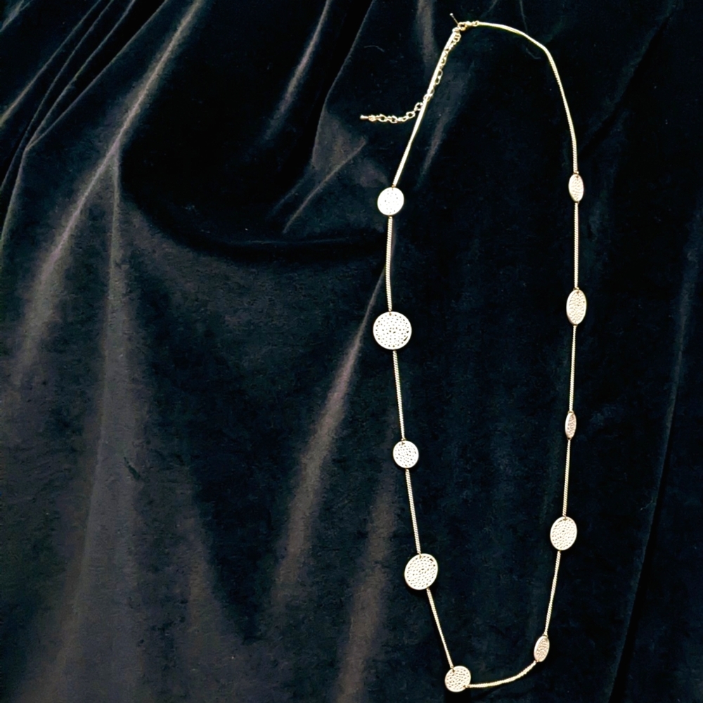 White Summer Chain Necklace with filigree white disks Long Costume Fashion